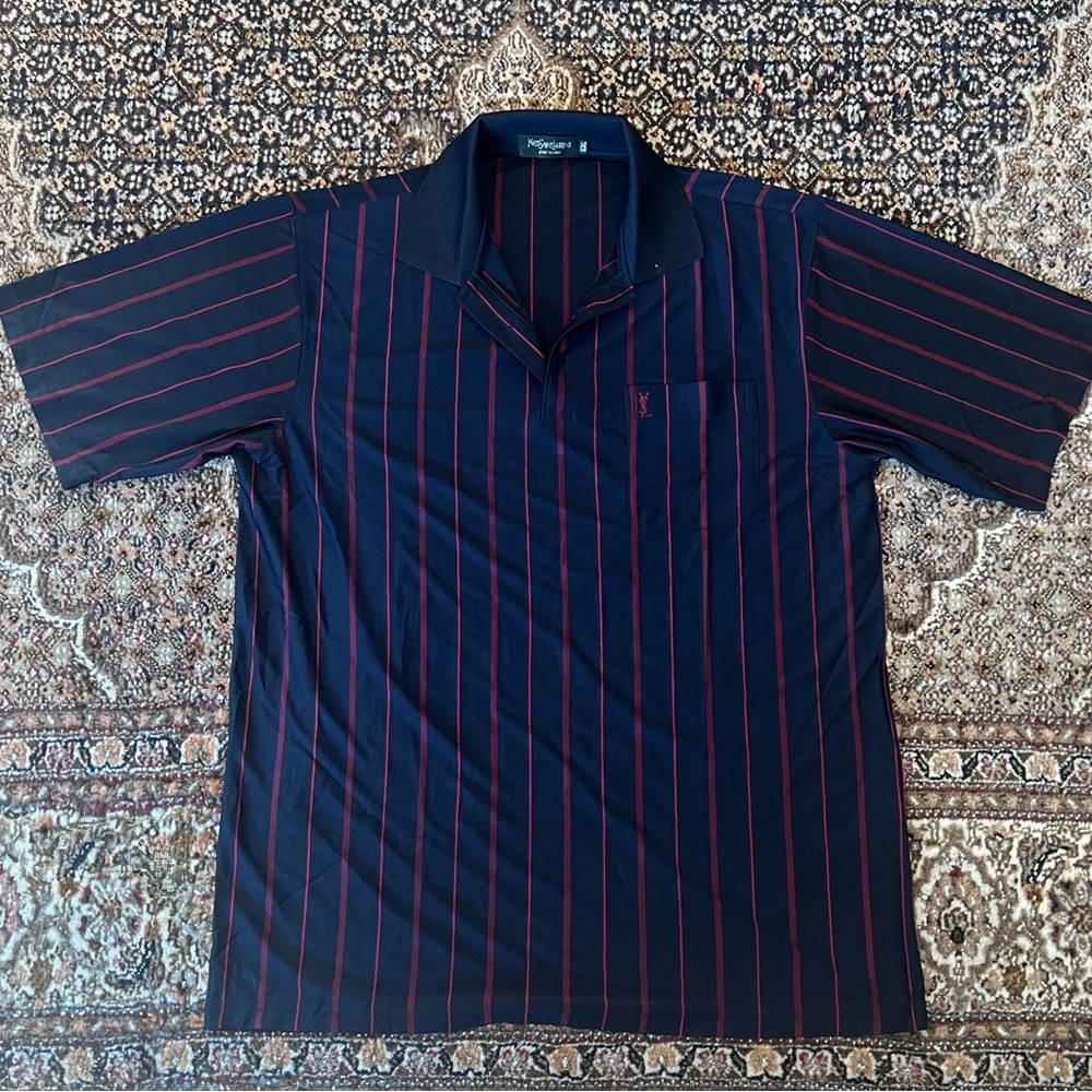Yves Saint Laurent Black Polo with Burgundy Pinstripes